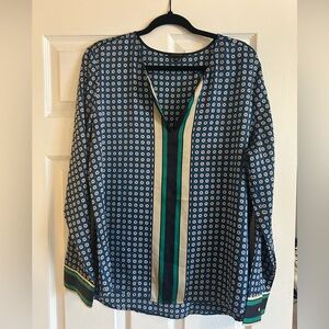 Ann Taylor Navy Geometric Print Color Block Blouse - Size XL